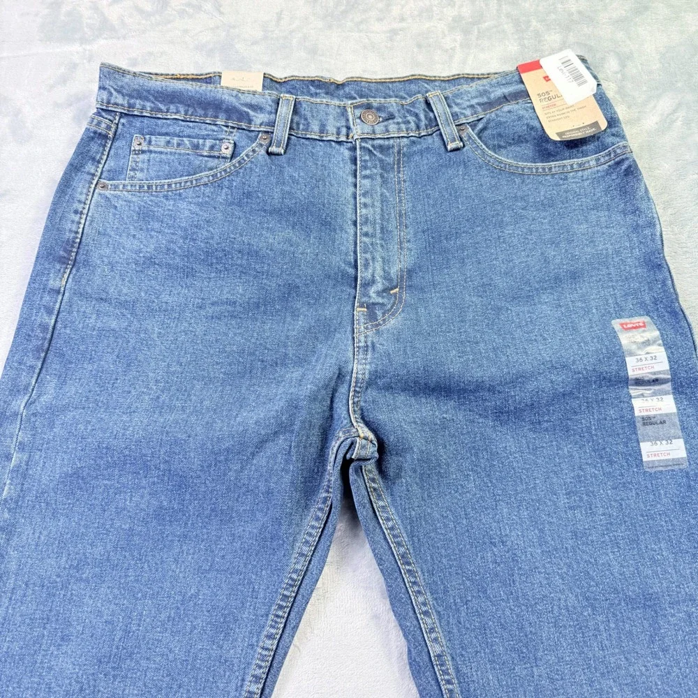 Levis 505 Regular Fit Stretch Jeans Mens 36x32 Blue Denim Mid Rise NWT